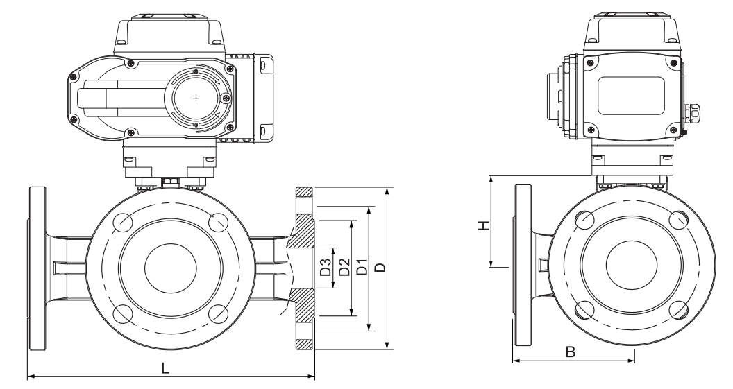 dimension of electric 3-way flanged ball valve