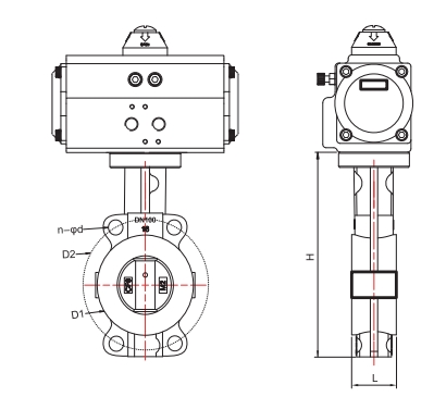 dimension of pneumatic ptfe-lined butterfly valve